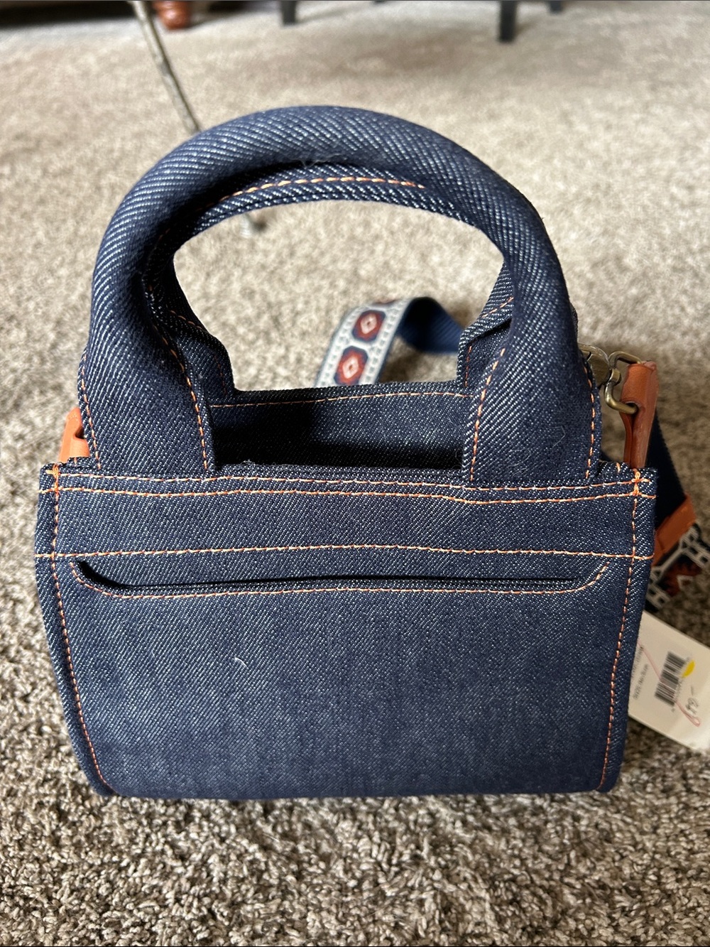 HOBO Denim Top-Handle Bag with Patterned Navy & Rust Strap - Picture 2 of 6